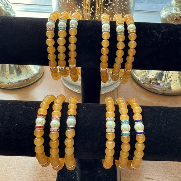 Golden Yellow Bead Bracelets with Simulated Pearl & Rhinestone Spacers - Picture 2 of 9